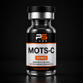 A clear glass vial with a black cap and a black, white, and orange label reading 'PS LABS MOTS-C 10MG' on a black background.