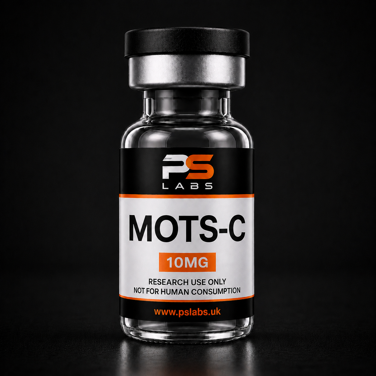 A clear glass vial with a black cap and a black, white, and orange label reading 'PS LABS MOTS-C 10MG' on a black background.