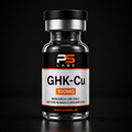 A glass vial bottle of PS Labs GHK-Cu 100mg supplement, featuring a black and white label with orange accents, set against a dark black background.