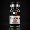 A glass vial of Tesamorelin 10mg by PS Labs, featuring a black and white label with orange accents, set against a dark studio background.