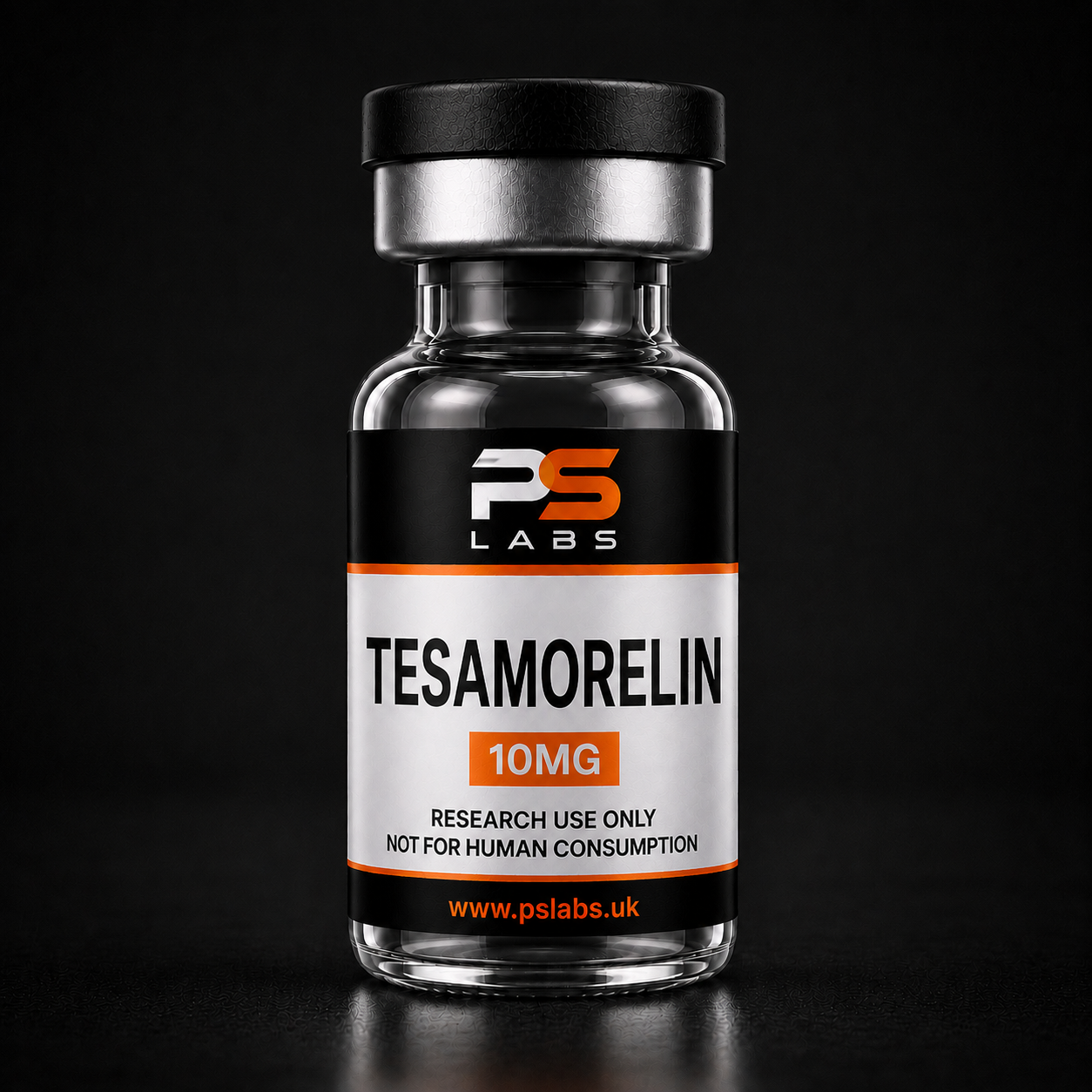 A glass vial of Tesamorelin 10mg by PS Labs, featuring a black and white label with orange accents, set against a dark studio background.